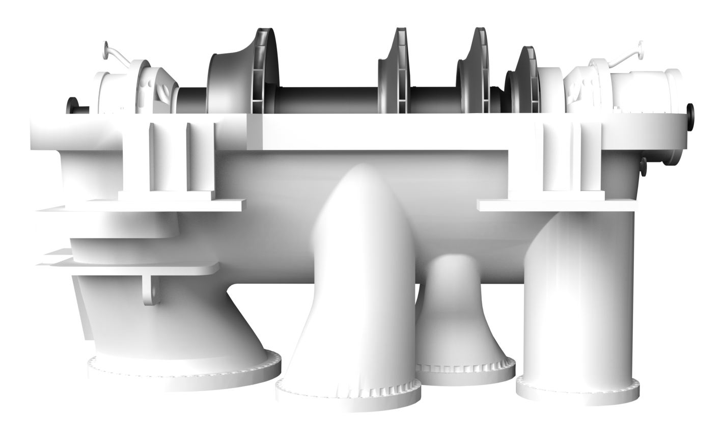 Centrifugal compressor cross-section showing rotor shaft and impeller stages inside industrial compressor casing