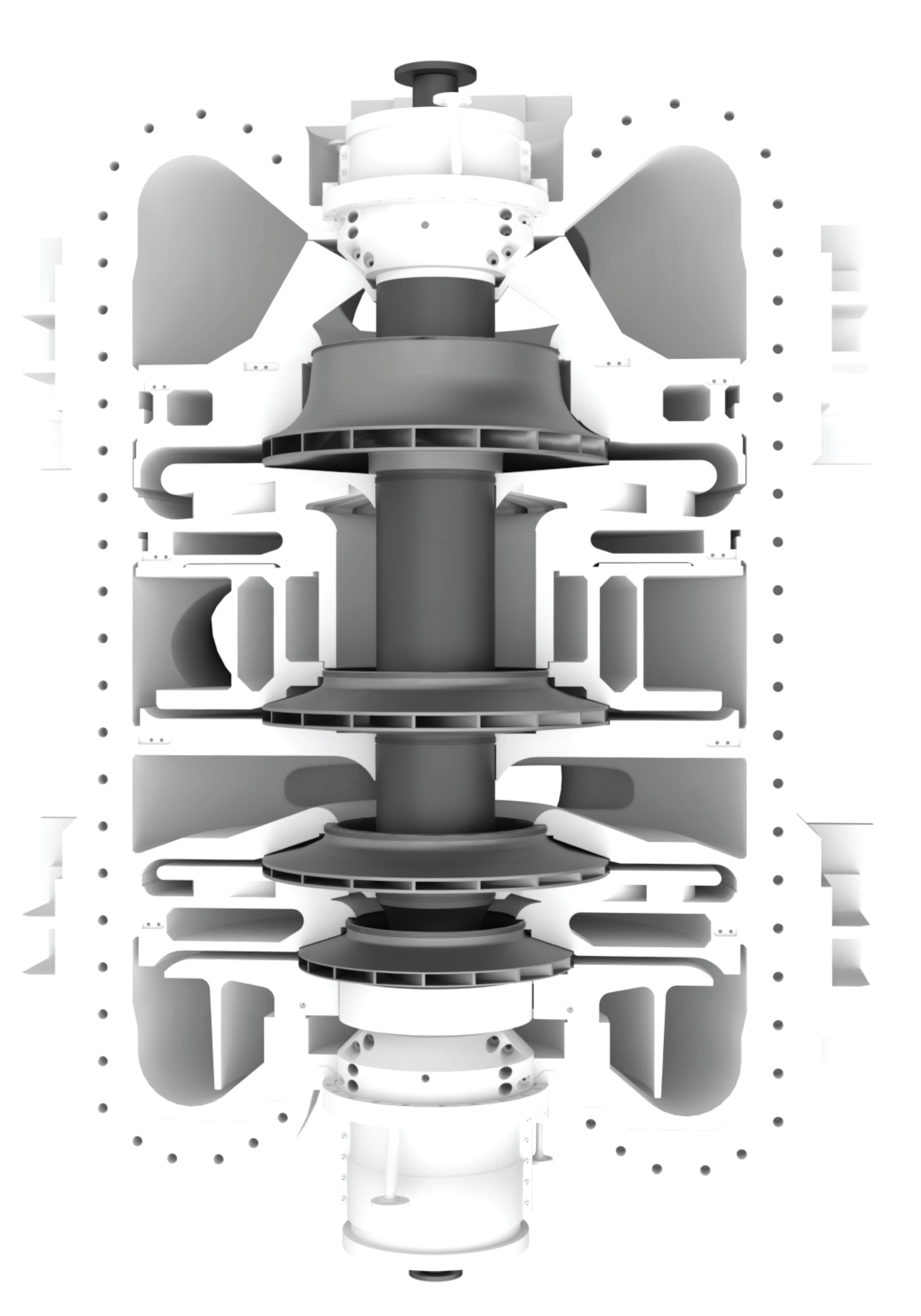 Multi-stage centrifugal compressor cross-section showing rotor shaft, impeller stages, and internal flow passages